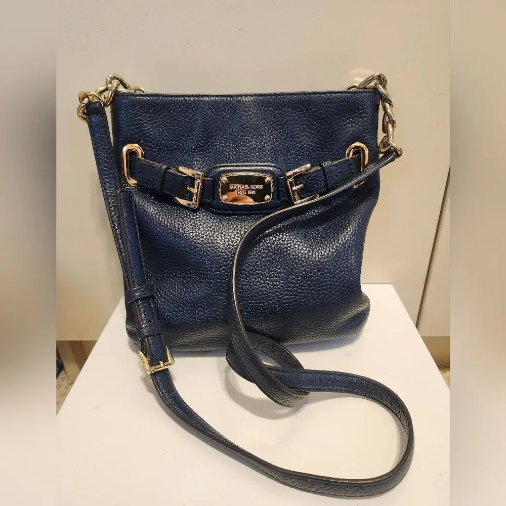 Michael Kors “Hamilton” Navy Blue Pebbled Leather Crossbody Bag Ret.$298
